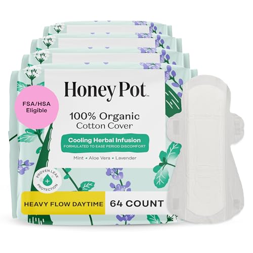 Image of The Honey Pot Company - 64ct - Herbal Sanitary Pads for Women - Heavy Flow w/Wings - Infused w/Essential Oils for Cooling Effect & Organic Cotton Cover - Feminine Care