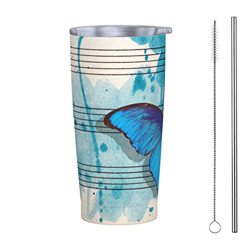 FJAUOQ Vaso de 590 ml con tapa y popote, mariposa azul Morpho y notas, taza de café helado aislada al vacío, taza de viaje reutilizable, botella de agua de acero inoxidable