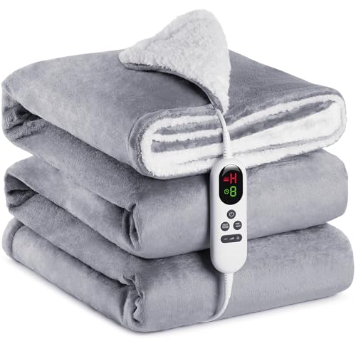 Heizdecke mit Abschaltautomatik, 130x180cm 10 Heizstufen 1~9 Stunden Auto-Off-Timer Überhitzungsschutz, Elektrische Wärmedecke Bett Wärme Decke ETL für Home & Office Schnelle Flanell Waschbar Grau