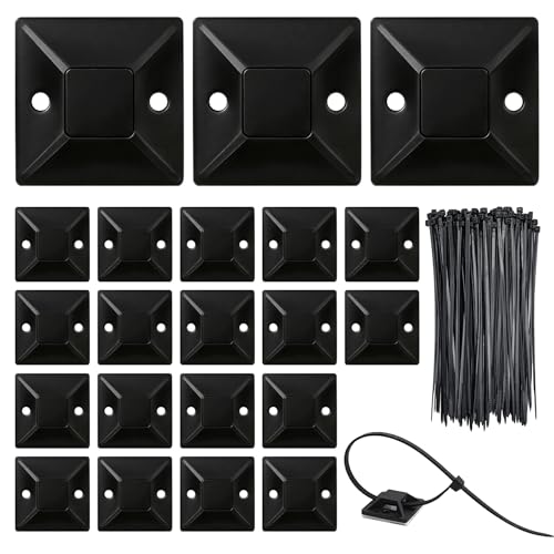 100 Pezzi Supporti Autoadesivi Neri per Fascette con 100 Fascette, Basi Fermacavi Adesive Extra Forte per Cable Management PC, Gaming Setup e TV, 18x18mm, Nero