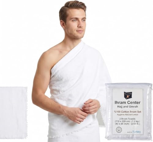 Ihram Ehram Ahram para Hombre para Hayy y Umrah - 2 Toallas - Toallas higiénicas Naturales 100% algodón 110 x 220 cm