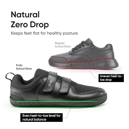 Image of Frido School Shoes for Boys & Girls with Wide Toe Box - Black Comfortable Zero Drop Kids School Shoes with Velcro Closure - Breathable Mesh, Black