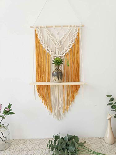 Bluettek Yellow Macrame Wall Hanging Shelf, Boho Decorative Floating Plants Swing Hanging Shelf Wooden Storage Hanger, Handmade Cotton Rope Woven Home Wall Decor #TOP2