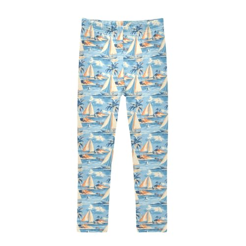 senya Girls Printed Leggings Yoga Pants Sailboat Palm Sea Wave Pattern for Kids in 4t to 10 Years, 4T - Main Image