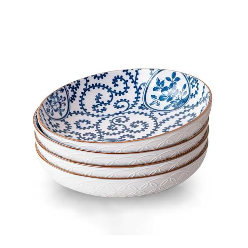 YALONG Blue and White Pasta Bowls Set of 4, 8.5 Inch Porcelain Bowl Plates &ndash; Ceramic Pasta Bowls...