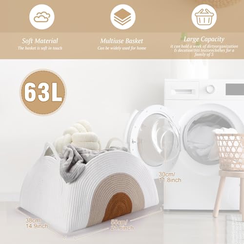 Image of Zopeal Large Rainbow Storage Basket Rope Blanket Basket 21.7 inchx15 inchx12 inchbaby Diaper Caddy Organizer Storage Dirty Clothes Basket for Desk Toy Gifts Bedroom Nursery Decor Organizing