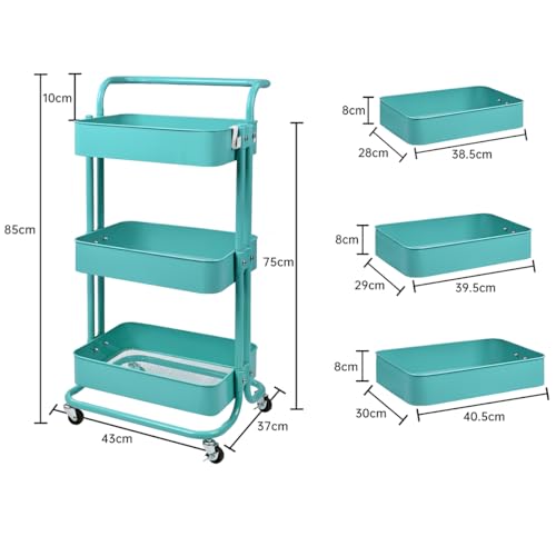 Miniatura 3 de T-Lovendo Carro De Cocina Metalico Con Ruedas. Carrito Auxiliar Multiuso.3 Cajones De Almacenamiento. 85x43x37cm. Ideal Para Frutas, Verduras, Cocina, Salón, Oficina. Color Verde