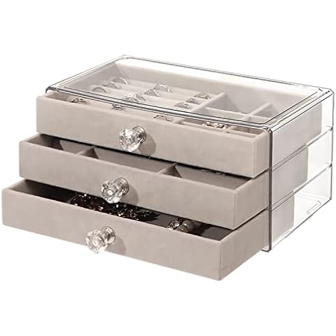CHARMDI Clear Jewellery Box for Women with 3 Drawers, Girls Jewellery Organiser with Dividers Acrylic Storage Organiser for Rings Bangle Bracelet Necklace and Earring Storage Jewellery Storage Grey Cover