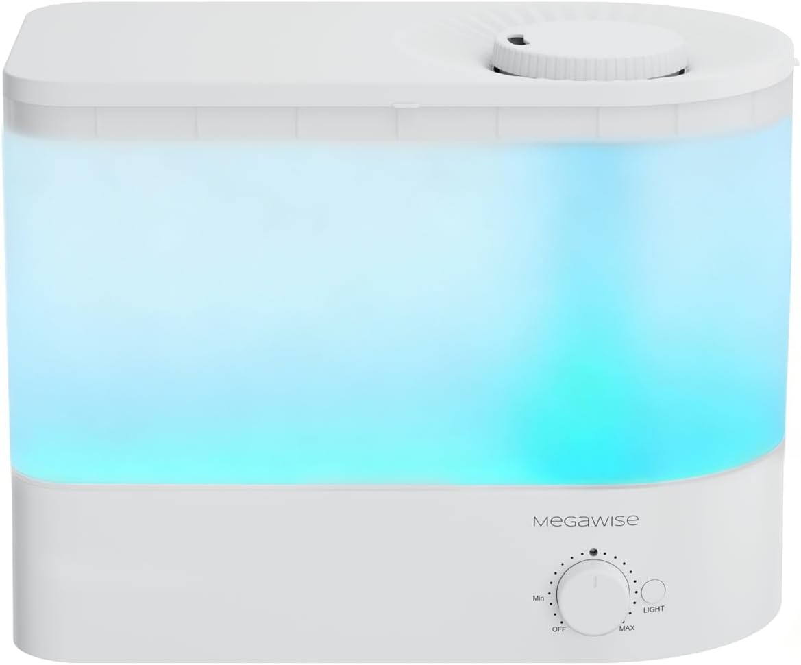 MEGAWISE 2025 Humidifier, 6L Large Capacity, 50H Runtime, Enjoy ultra-quiet, cool mist for your bedroom, nursery, or indoor plants. Top-fill design for effortless convenience (White)