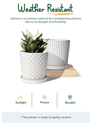 Le Tauci Embossed Ceramic Plant Pots, Set Of 2, 5.4 Inch Flower Pots For Indoor Plants, Planters With Drainage Hole And Saucer, For Succulent Orchid Snake Plants Cactus, Reactive Glaze White #TOP1
