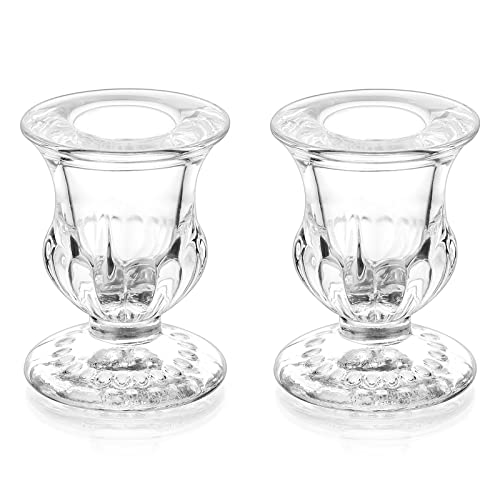 Romadedi Glass Taper Candle Holders – Clear Small Candlestick Holder Bulk, Thicker Glass Candle Sticks Set for Wedding Christmas Party Dining Table Table Centerpiece Decor, 2Pcs
