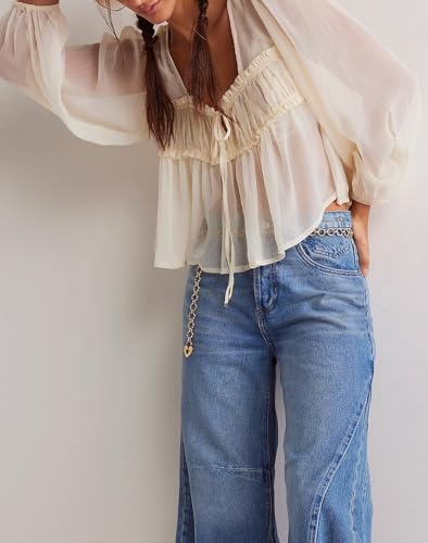 Image of Sexy Ruffle Shirt Flowy Lace Long Sleeve Front Tie Chiffon Top Boho Embroidered Peasant Blouse Summer Bow Tie Front Peplum Tops for Women