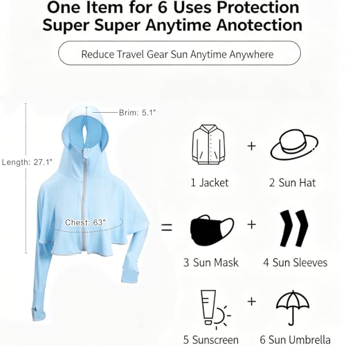 Image of Womens Sunscreen Hoodie Jacket /Shirt UPF 50+ UV Protection from Sun & Pollution with Wide Brim Hat Face Mask Lightweight Full Zip for Outdoor Running Hiking