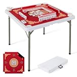 COSTWAY Folding Mahjong Table, Portable Square Card Table with Removable Game Mat, 4 Cup Holders, HDPE Tabletop, Metal Legs, 90 x 90 x 74 cm (Red)