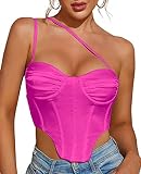 Colysmo Satin Corset Top Backless Bustier Zip Back Sexy One Shoulder Crop Tops for Women