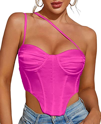 Colysmo Satin Corset Top Backless Bustier Zip Back Sexy One Shoulder Crop Tops For Women #TOP18