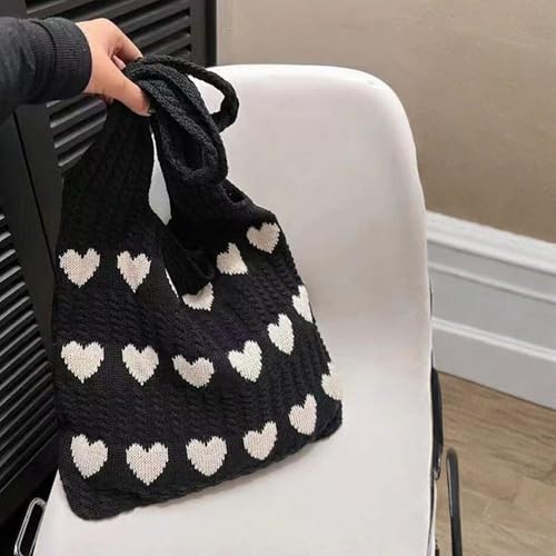 Image of Cotton Knitted Heart Pattern Tote Bag for Women - Large, Stylish & Durable Black Shoulder Handbag for Everyday Use, Travel, Shopping, Work & Beach (Pack of 1)