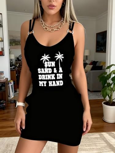 Image of Live Simple Coconut Tree Color Block Mini Dress for Women Summer Beach Vacation Tank Dresses Sleeveless Short Dress