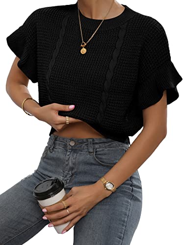Image of Verdusa Women's Ruffled Short Sleeve Round Neck Knitted Top Pullovers Sweater