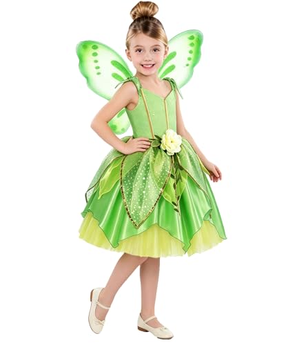 MDycW Princess Tinker Bell Costume for Toddler Girls Birthday Party Fairy Dress Up Special Occasion Dress with Wings Tinker Bell