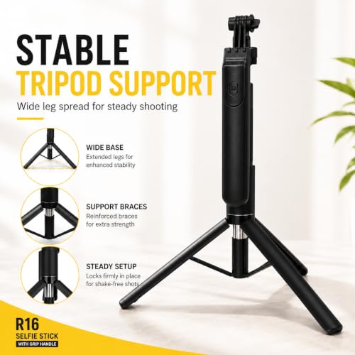 Image of 3-in-1 Selfie Stick, Extendable Phone Tripod Stand, Grip Handle, 360 Adjustable Phone Holder for iPhone & Android with Remote, Vlogging, Travel & Video Calls R16 BY UNBREAKcable