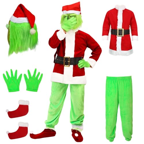 Claofoc 7 teiliges Santa Claus Kostüm Erwachsene Weihnachtsmütze Cosplay Outfit Set mit Maske Grün Großes Monster Halloween Christmas Lustige Cosplay Kostüm Requisiten