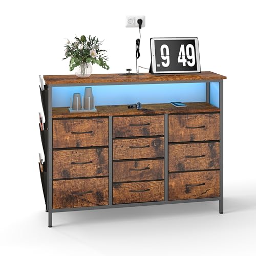 hitsuki Cómoda de salón Chest of Drawers, estilo industrial vintage, aparador con iluminación y 10 cajones, multifuncional como armario de pasillo, armario de salón, metal y madera, 110 x 30 x 85 cm