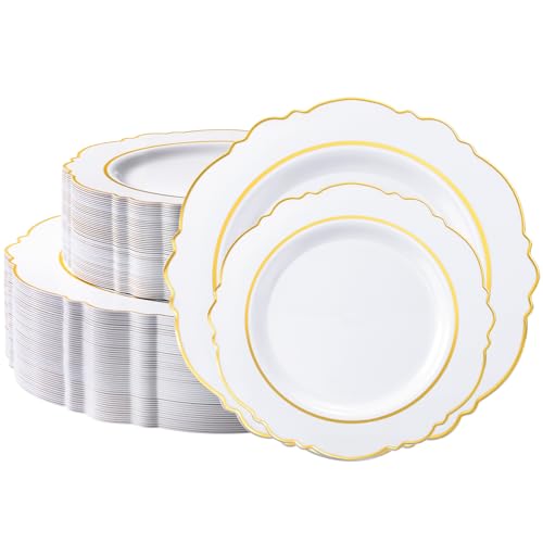 realluck 100PCS White and Gold Plastic Plates Elegant Disposable Party Plates - 50 Dinner & 50 Dessert Plates fancy plastic plates for Wedding Anniversary