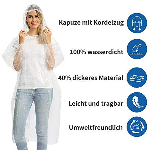 Opret 5 Stück Durchsichtig Regenponcho Damen Herren, Wasserdicht Regenschutz Regencape mit Tunnelzug Kapuze und Elastische Manschette, Leichtgewichts Regen Poncho Transparent
