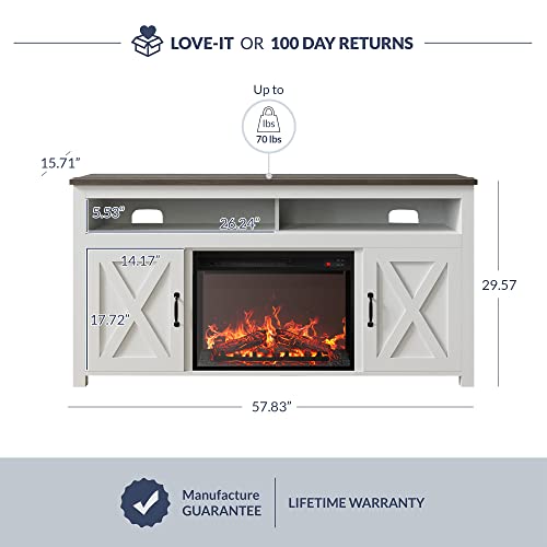 Belleze 58" Tv Stand With 23" Electric Fireplace, Barn Door Tv Stand For Tvs Up To 60", Wood Entertainment Center With Open Shelves And Cabinets - Corin (White) #TOP4