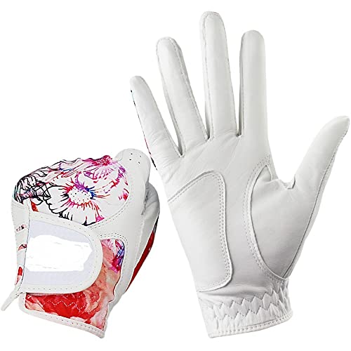 QSCTYG Guantes de Golf Paquete 1 par Guantes de Golf Mujeres de Las Mujeres de Izquierda y Derecha de Cuero Genuino Lycra Lycra Antideslizante Tela Colorida Transpirable Suave Guantes de Deportes