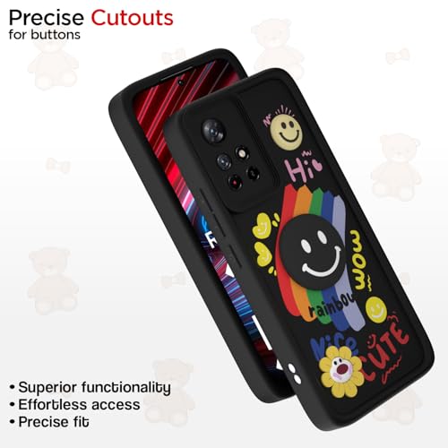 Image of Pikkme Back Cover for Redmi Note 11T 5G / Poco M4 Pro 5G | Soft Silicone| Cute Rainbow Smile & 3D Cartoon Flower Design | Shockproof Raised Camera Protection Bumper Case (Black)