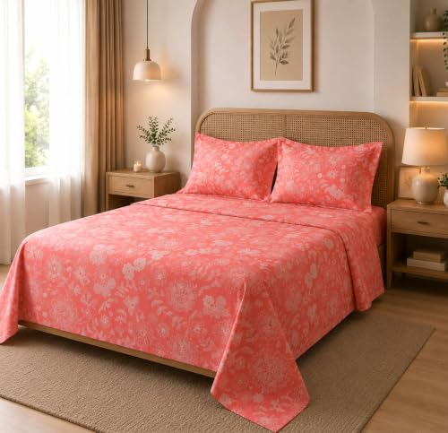 Image of HOMEKART Glace Cotton 160 TC Leaf Printed Double Bedsheet with 2 King Size Pillow Covers | Soft & Durable | 86 x 88Inches (Red)