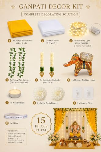 Image of Divyakosh Ganpati Decoration Set (15 Pcs) for Home, Ganesh Chaturthi Backdrop, Ganesha Setup Fabric Garlands, LED Lights, Dahlia Flowers & Elephant Diya