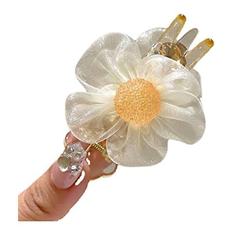 Organza Flower Grab Clip,Organza Ribbon Flowers with Beads Appliques,Flower Plastic Hair Claw Clips Jaw Barrettes Grips Clamps Decorative Bun Chignon Accessories for Women (White) Cover