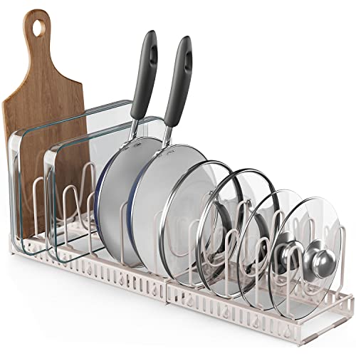 Expandable Kitchen Cabinet Organizers and Storage for Pots and Pans Organizer Bakeware Pot Lid Holder Organizer Rack Kitchen with Scratch Protection-2 Small (6"W) Racks-12 Adjustable Pan Organizer Dividers - White Sand