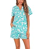 ENJOYNIGHT Womens Pajama Set Cotton Summer Pj Shorts Button Down Sleepwear with Pockets (Large, Green Flower)