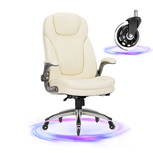 Image of COLAMY Ivory Leather High Back Executive Office Chair, Ergonomic Desk Chair with Flip-up Arms, Thick Cushion, Silent Nylon Wheels, Adjustable Height & Rocking Function, 300lbs Capacity