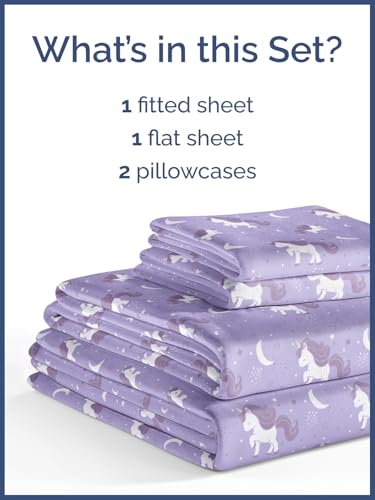 Image of Kids Full Unicorn Purple Bed Sheets - 4 Piece Kids Unicorn Purple Sheet Set | Unicorn Purple Themed Bedding, Ultra-Soft, Cute & Cozy, Breathable & Machine Washable, Bed Set for Boys, Girls & Teens, Comfy