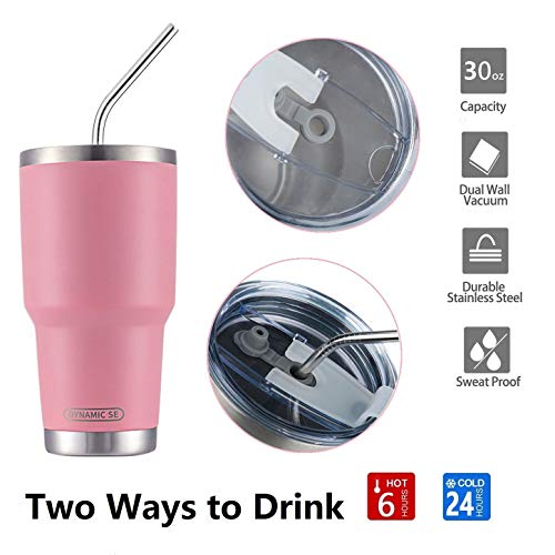 Dynamic Se 30Oz Tumbler Double Wall Stainless Steel Vacuum Insulated Travel Mug With Splash-Proof Lid Metal Straw And Brush (Pink) #TOP3