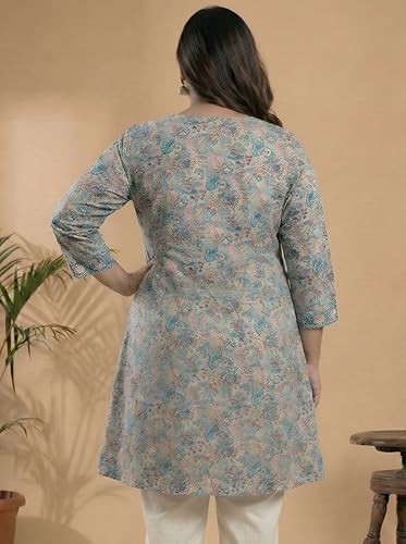 Image of Yash Gallery Women's Polyester Relaxed Fit Short Floral Placet 3 /4 Sleeve and Keyhole Neck Printed Kurti