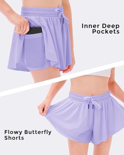 Image of Stelle Girls Flowy Shorts with Pockets Athletic Running Skirt High Waist Butterfly 2 in 1 Sports Short 5-16 Years