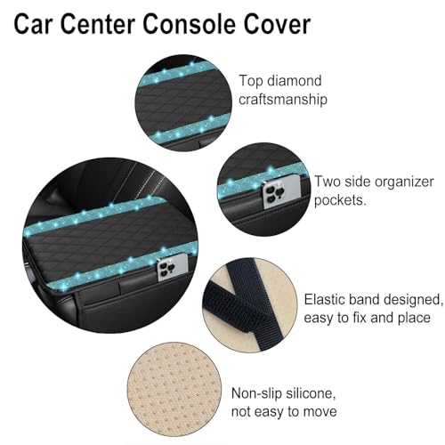 NBTEPEM Bling Car Center Console Cover, Leather Car Arm Rest Cover Cushion with 2 Storage Bags, Universal Auto Armrest Protector Storage Box, Bling Accessories Interior for Most Vehicles (Aquamarine) by NBTEPEM - Image 3