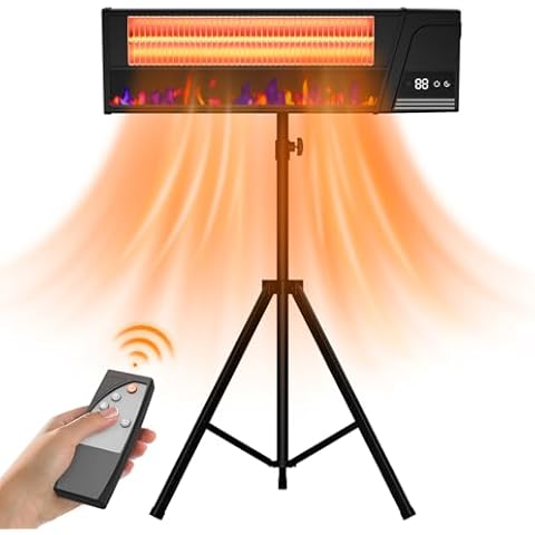 Infrared Outdoor Heaters for Patior with Electric Fireplace, 750/1500W Electric Outdoor Heaters for Patio Stand & Wall Mounted Garage Heater with Remote Control, Patio Heater with 24H Timer Cover