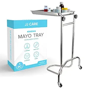 JJ CARE [Heavy Duty Mayo Tray, Medical Rolling Tray 17Lbs Weight Capacity, Stainless Steel Mayo Tray Stand w/ 2 Caster Wheels & Adjustable Pole, Medical Instrument Tray for Clinics, Tattoo Shop, Spa