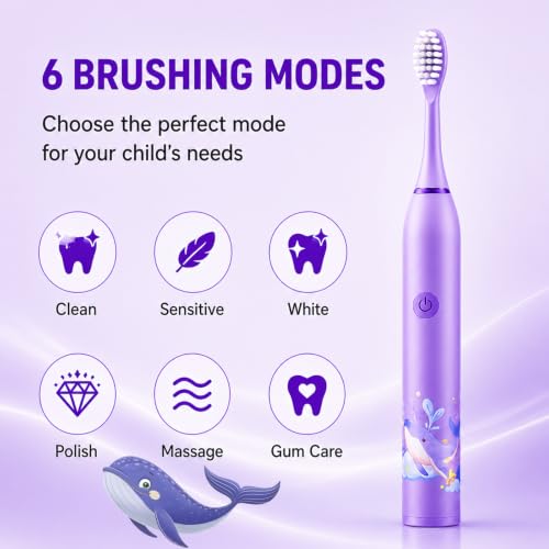 Image of Sonic Electric Toothbrush for Kids with 6 Modes, 4 Brush Heads & Rechargeable Battery, Ultra Soft Nylon Bristles, IPX7 Waterproof, Electric Power Tooth brush (Purple)