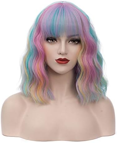 BUFASHION 14" Women Short Wavy Curly Wig Rainbow Bob Wig Cosplay Halloween Synthetic Wigs With Neat Bang Wig With Free Wig Cap (Rainbow 1)