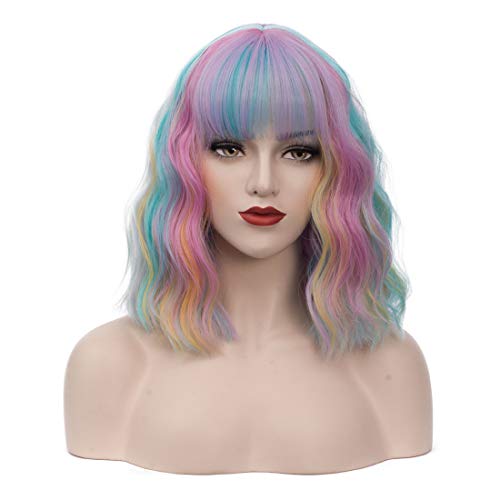 Bufashion 14" Women Short Wavy Curly Wig Rainbow Bob Wig Cosplay Halloween Synthetic Wigs With Neat Bang Wig With Free Wig Cap (Rainbow 1) #TOP3