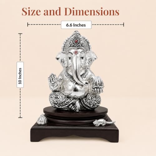 Image of Silver-Plated Lord Ganesha Idol with Modak & Mushak | Ganpati Murti for Home, Pooja Room, Office Desk & Car Dashboard | Home Decor & Diwali Gift - Large