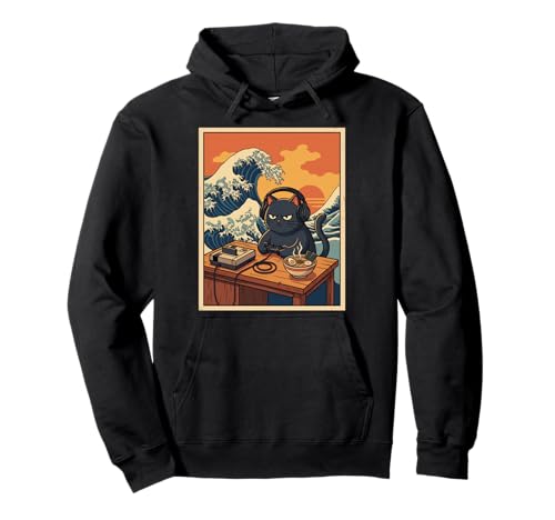 Retro Gamer Cat With Ramen Great Wave Anime Fans Men Kids Pullover Hoodie